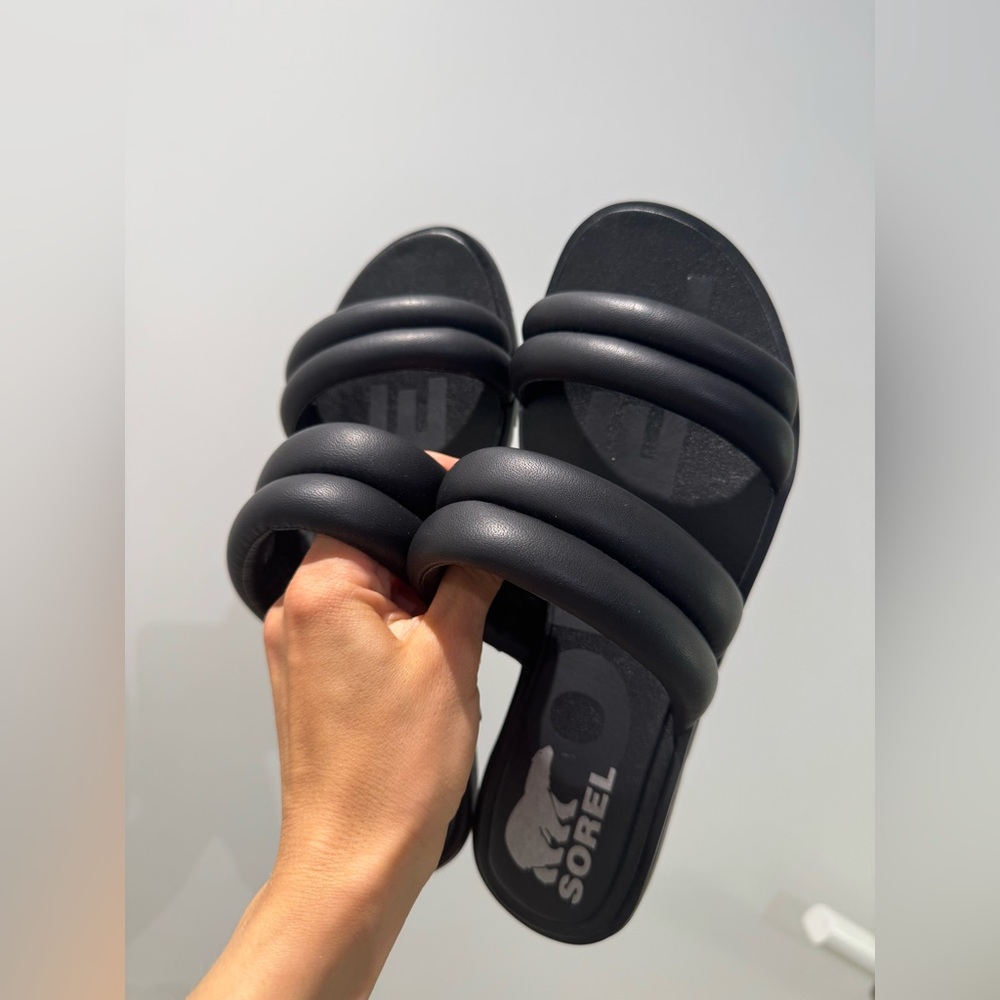 Sorel Triple Strap Black Leather Slides - size 6 US